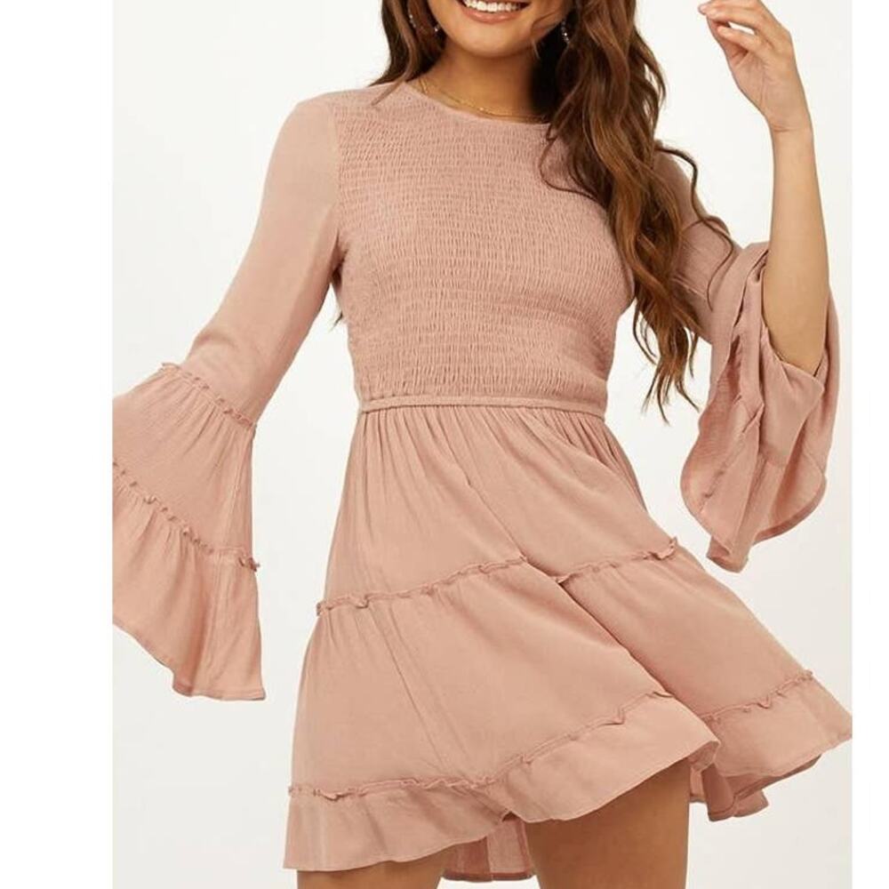 ShowPo Ask Me Later Shirred Bust Bell Sleeve Fit and Flare Boho Dress Mocha 12